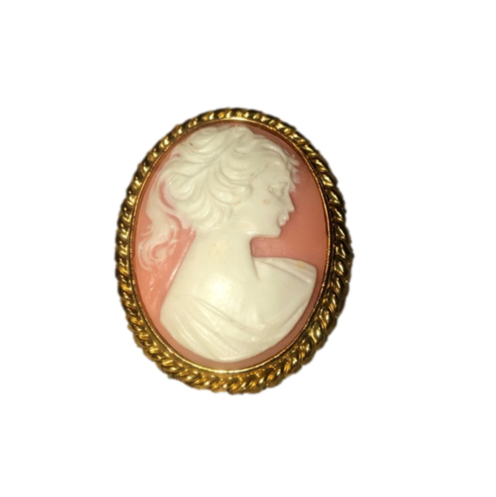 VTG Cameo - Pink White & Gold Tone Costume Brooch 2”